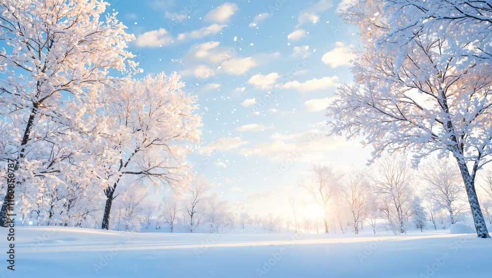 A breathtaking snowy winter morning scene where delicate flakes dance in the air, and the sun peeks through serene branches, illuminating the peaceful white landscape.