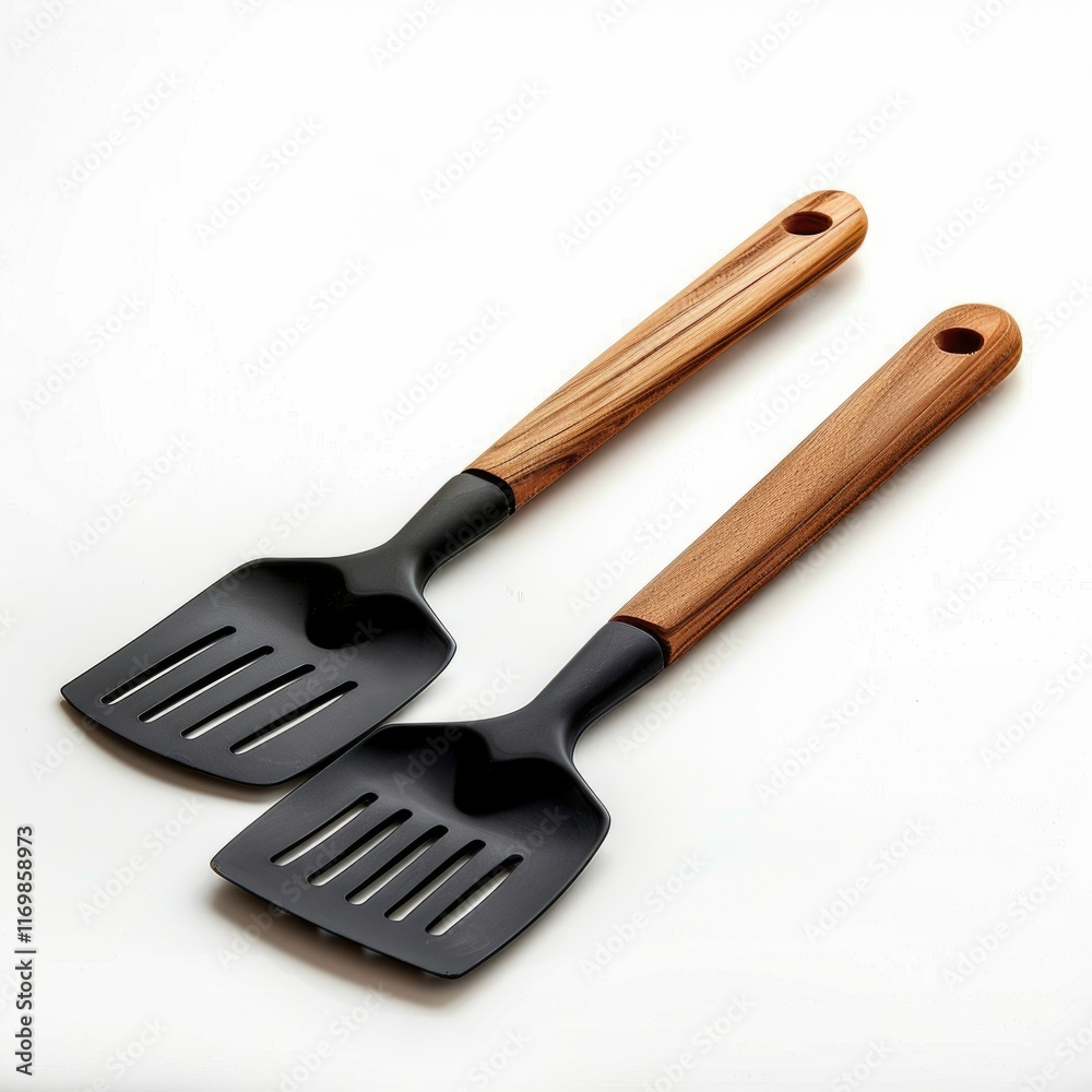 Naklejka premium Two sleek black spatulas with elegant wooden handles, perfect for cooking.