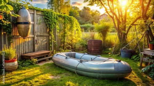 Retro Grey Inflatable Boat & Vintage Terrain Roller in Backyard photo