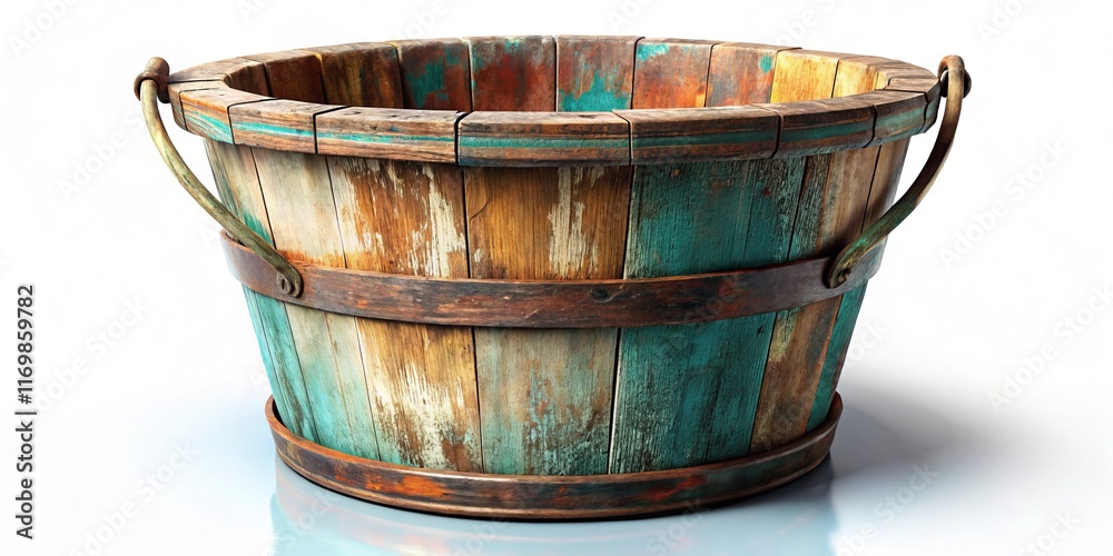 Fototapeta premium Rustic Wooden Bucket Isolated on White Background - Stock Photo