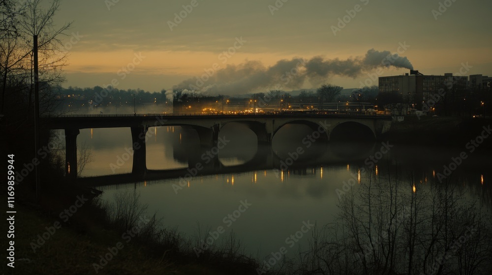 Fototapeta premium Soft Morning Light Over City Bridge and Fog
