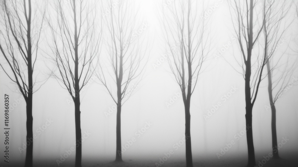 Fototapeta premium Enigmatic Leafless Trees in Misty Forest Landscape Creating an Eerie and Mysterious Atmosphere Perfect for Halloween and Moody Themes in Monochrome Black and White Photography Art