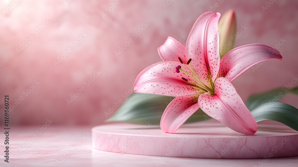 A single pink lily flower on a light pink marble platform exudes elegance in luxury cosmetic display style with delicate shadows and natural lighting. A single pink lily flower on a light pink marble platform exudes elegance in luxury cosmetic display style with delicate shadows and natural lighting.