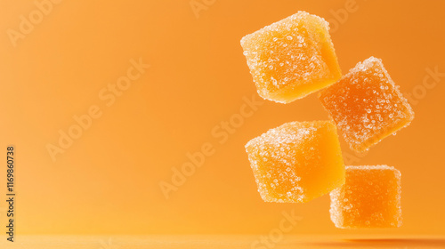 Orange Delight: Suspended in mid-air against a vibrant orange backdrop, these glistening, sugared cubes of citrus candy create a visually captivating image, promising a burst of sweet flavor. photo