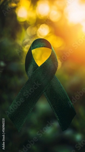 Dark green awareness ribbon against a sunlit forest backdrop.