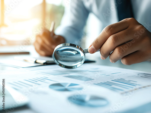 Businessman holding a magnifying glass over a document with charts and graphs, symbolizing analysis, research, and attention to detail in a professional setting.