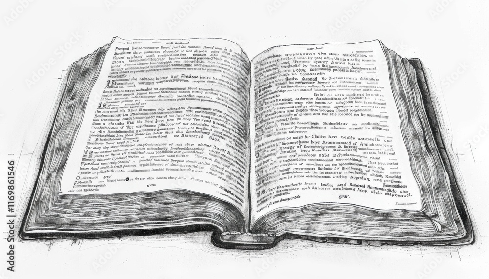 A minimalist, black and white an open antique book, its weathered pages filled with meticulously drawn text lines, suggesting an ancient manuscript side view perspective aged paper texture and script. A minimalist, black and white an open antique book, its weathered pages filled with meticulously drawn text lines, suggesting an ancient manuscript side view perspective aged paper texture and script.