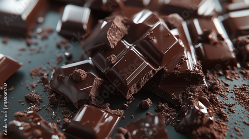 Close up of crumbled dark chocolate chips, a popular sweet treat with rich flavor and potential nutritional benefits. photo