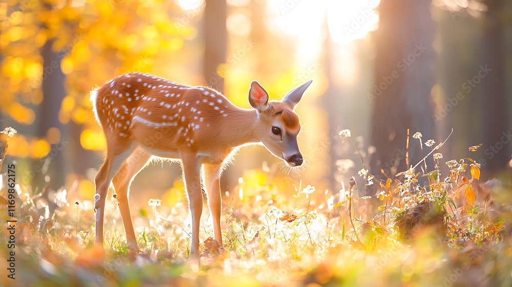 Fototapeta premium A young white-tailed deer fawn stands in a sunlit autumn forest, surrounded by golden foliage.