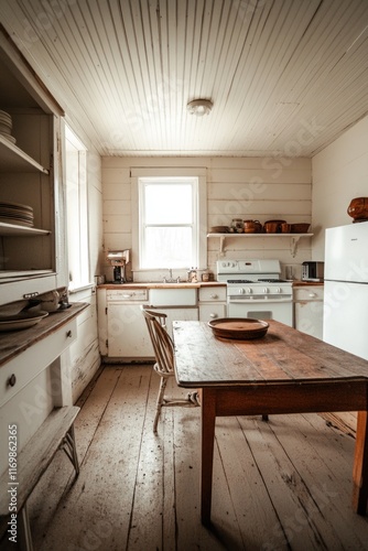 A cozy, old-fashioned kitchen with a wooden table, stove and sink. Wooden flooring adds to the charm of this simple country style. photo