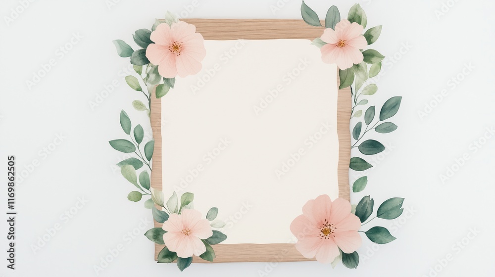 Fototapeta premium Garden Party Invitation With Watercolor Floral Design Featuring Pink Flowers and Green Leaves On Wooden Frame