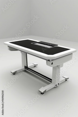 Sleek, minimalist gambling dealer table.  Clean design, spacious layout, featuring a black playing surface and white frame.  Minimalist chip placement.  Perfect for high-stakes games.