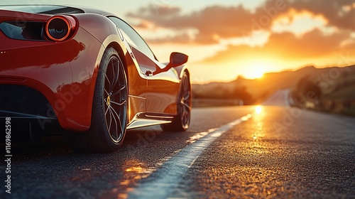 Red Sports Car on Road at Sunset