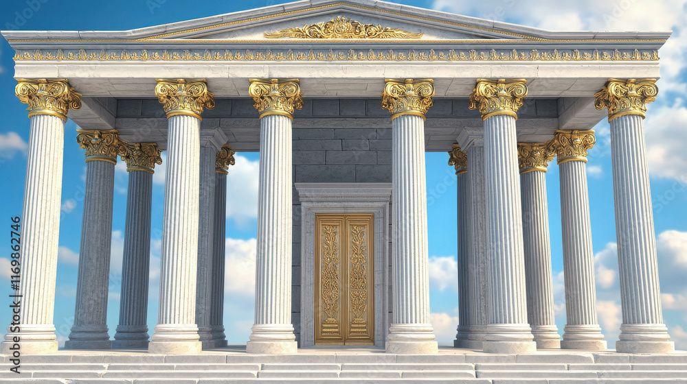 Fototapeta premium Grand Greek Temple Entrance with Clean Architecture and Bright Sky Background