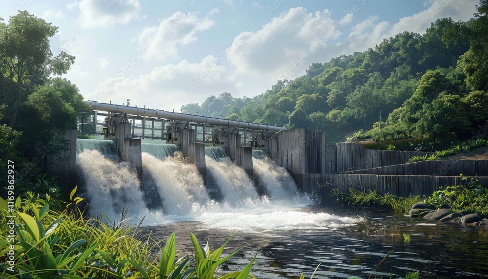 A hydroelectric dam nestled in lush greenery releases water, creating a powerful yet serene waterfall; renewable energy in a natural setting. A hydroelectric dam nestled in lush greenery releases water, creating a powerful yet serene waterfall; renewable energy in a natural setting.