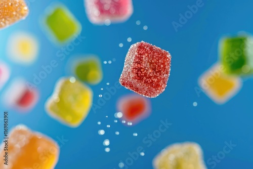 Bunch of colorful candy pieces are floating in the air. The candy pieces are of different colors and shapes, and they appear to be in motion. Concept of playfulness and fun