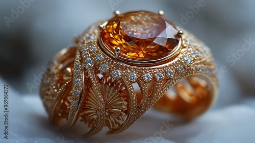 Elegant Gold Ring Featuring A Large Amber Gemstone photo