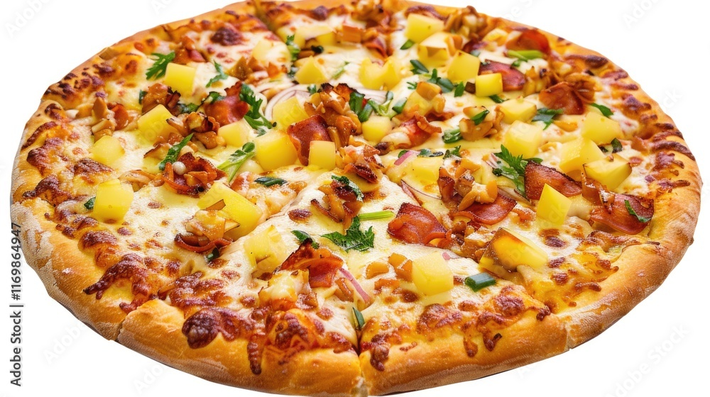 Flavorful gourmet pizza with bacon, pineapple, cheese, vegetables and crunchy bacon bits. Veggie and fruit combination on a pizza crust. Flavorful gourmet pizza with bacon, pineapple, cheese, vegetables and crunchy bacon bits. Veggie and fruit combination on a pizza crust.