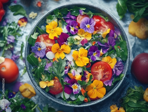 A close-up of a colorful salad with fresh vegetables and decorative flowers, indicative of healthy eating and springtime flavors. photo