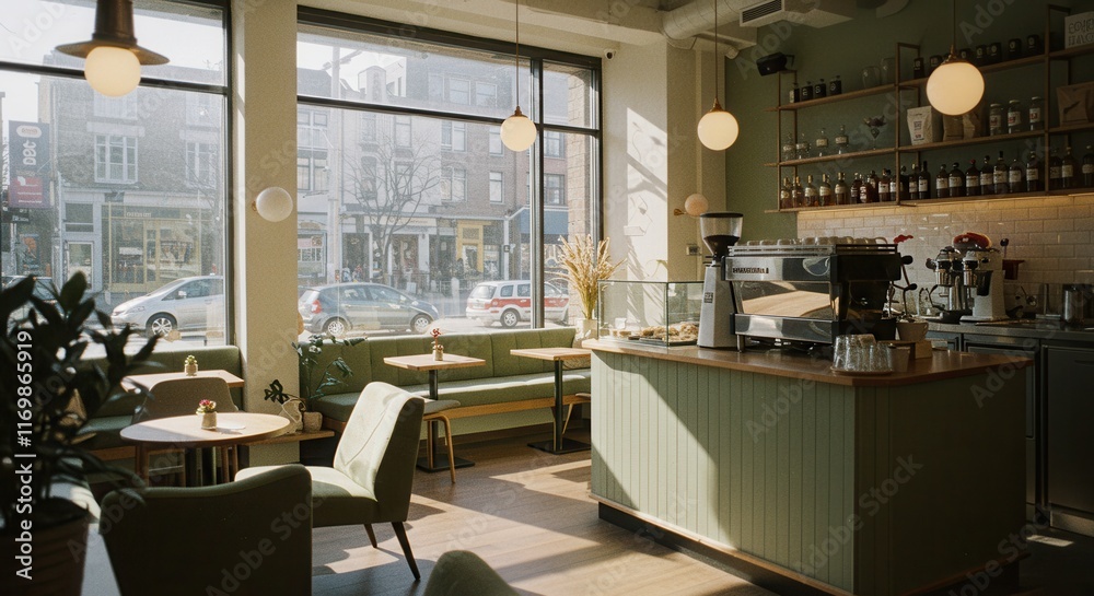 Fototapeta premium Cozy urban cafe with modern interior design and natural light