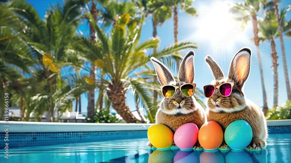 Two Easter bunnies wearing sunglasses sitting by a swimming pool with colorful Easter eggs and palm trees in the background.