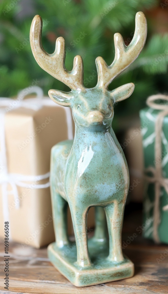 A ceramic reindeer figurine in a muted green glaze, standing on a wooden table next to gift boxes. A ceramic reindeer figurine in a muted green glaze, standing on a wooden table next to gift boxes.