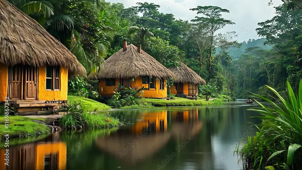 This Thatched huts reflect in a calm river amid tropical greens in the morning light. This Thatched huts reflect in a calm river amid tropical greens in the morning light.