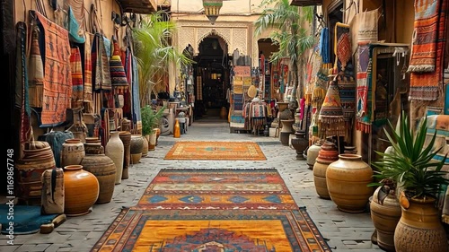 This Visitors explore a vibrant Moroccan market filled with traditional crafts and textiles.