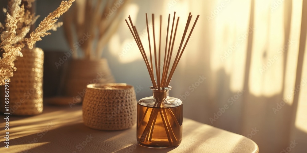 Fototapeta premium A serene setting featuring a reed diffuser with essential oils, set on a table in sunlit room. Indicative of tranquil and soothing atmosphere.
