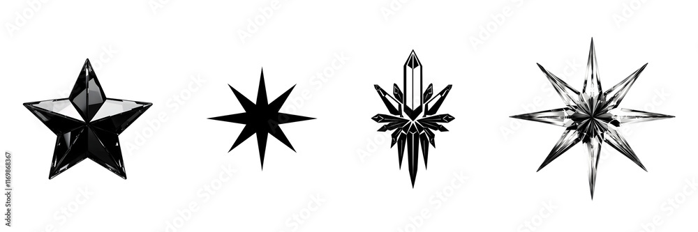 Obraz premium Four distinct star shapes in black and crystal styles against a white background.