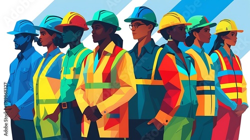 Celebrating diversity and teamwork in construction and engineering industries with vibrant and colorful illustrations of workers in safety gear, symbolizing collaboration, unity, and workplace equalit photo