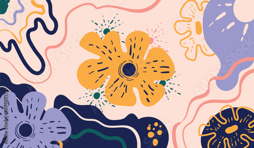 Design banner frame flower Spring background with beautiful. flower background for design. Colorful background with tropical plants. Place for your text.