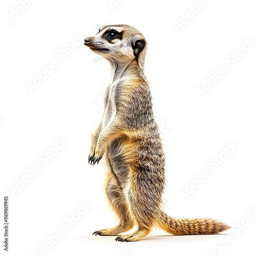 A Meerkat Standing Tall Against A White Background photo