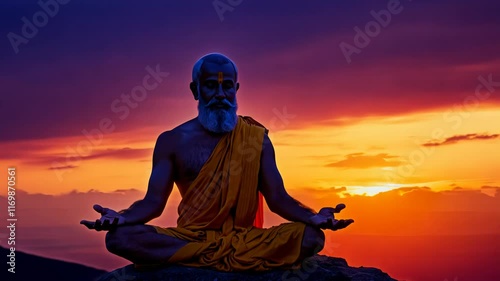 Adult male monk meditating on the top of a mountain or hill, transcending, seeking enlightenment. pray, inspiration, journey, joy, satisfaction, palm, flowing, mature, simplicity, warmth	
