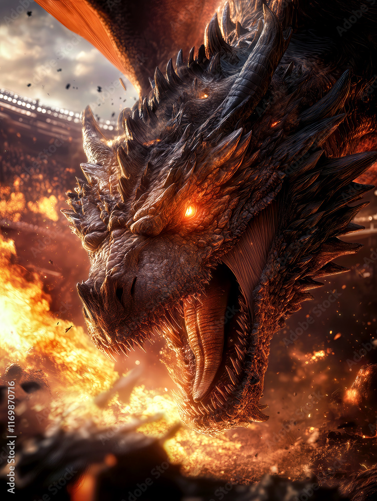 A fierce dragon with glowing eyes breathes fire amid an intense battle in an ancient arena. The arena is filled with flames and smoke, creating a captivating spectacle. A fierce dragon with glowing eyes breathes fire amid an intense battle in an ancient arena. The arena is filled with flames and smoke, creating a captivating spectacle.