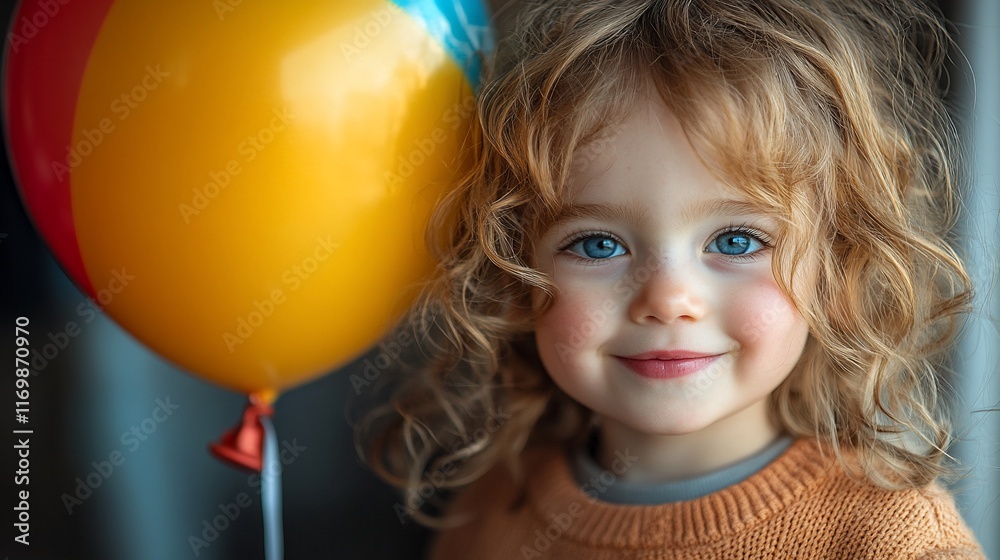 Toddler girl smiles near a yellow balloon Toddler girl smiles near a yellow balloon