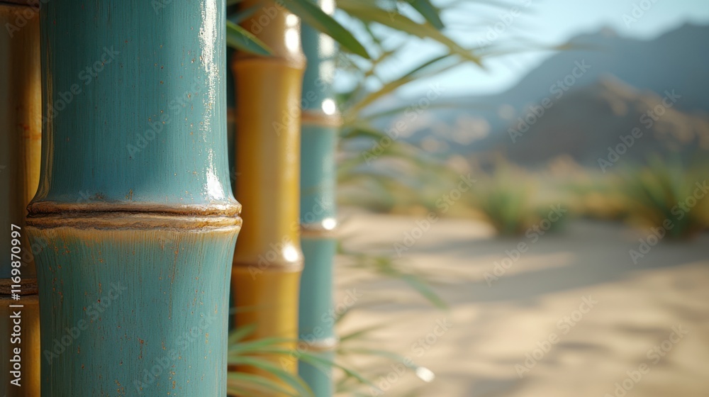 Bamboo structures in a serene desert landscape. Bamboo structures in a serene desert landscape.