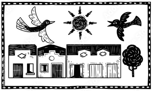 Rustic woodcut-style illustration of a small town with colorful houses, birds, a tree, and the sun. Captures the charm of rural and traditional Brazilian architecture.