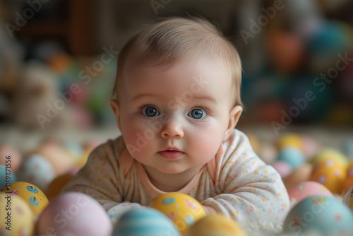 A baby portrait where they're surrounded by eggs celebrating Easter.