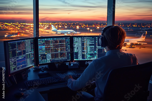 An air traffic controller sitting in a control tower looking at their computers with planes on the runway and sunset in the background.