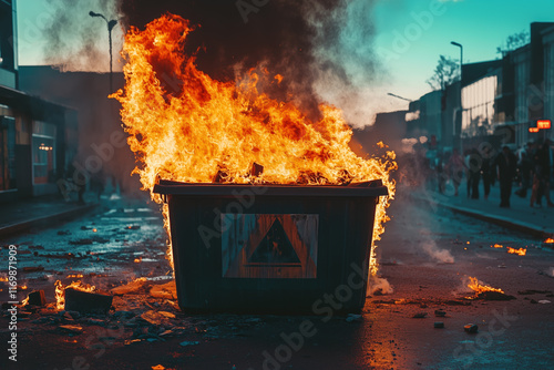  A large dumpster on fire in the evening where the fire is overflowing over the sides.