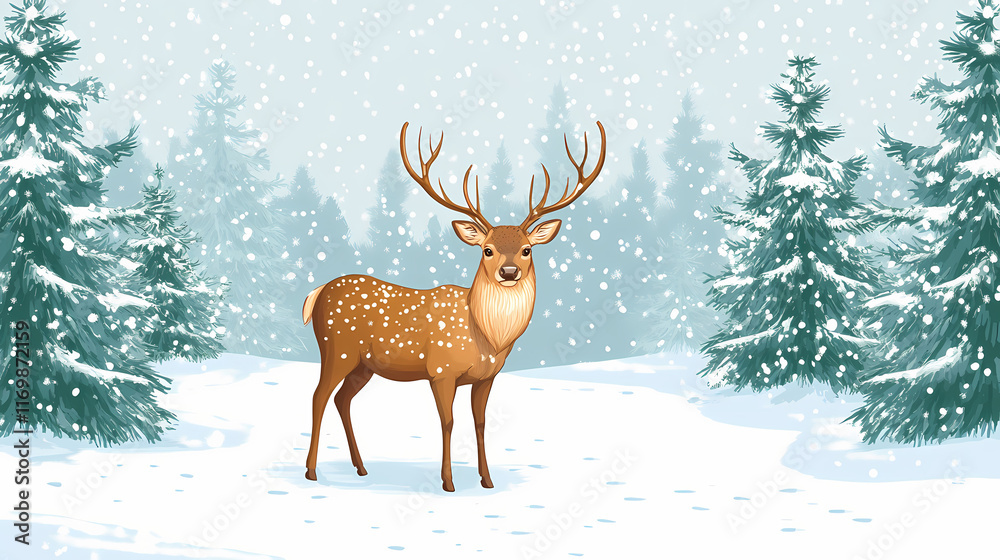 A serene winter scene featuring a majestic deer in a snowy forest, surrounded by evergreen trees and gentle snowfall. Evergreen. Illustration A serene winter scene featuring a majestic deer in a snowy forest, surrounded by evergreen trees and gentle snowfall. Evergreen. Illustration