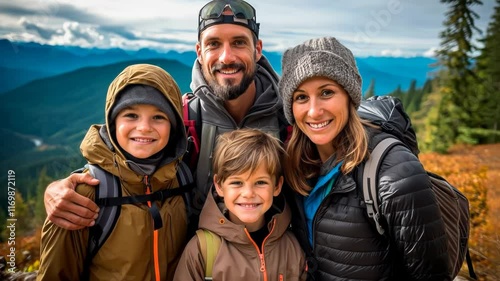 Video portrait of a family on a hike, after hiking as a family in wintertime. slow motion, son, boys, joy, bonding, happiness, outside, together, walking, smiling, sun, four, enjoying, freedom, dream,