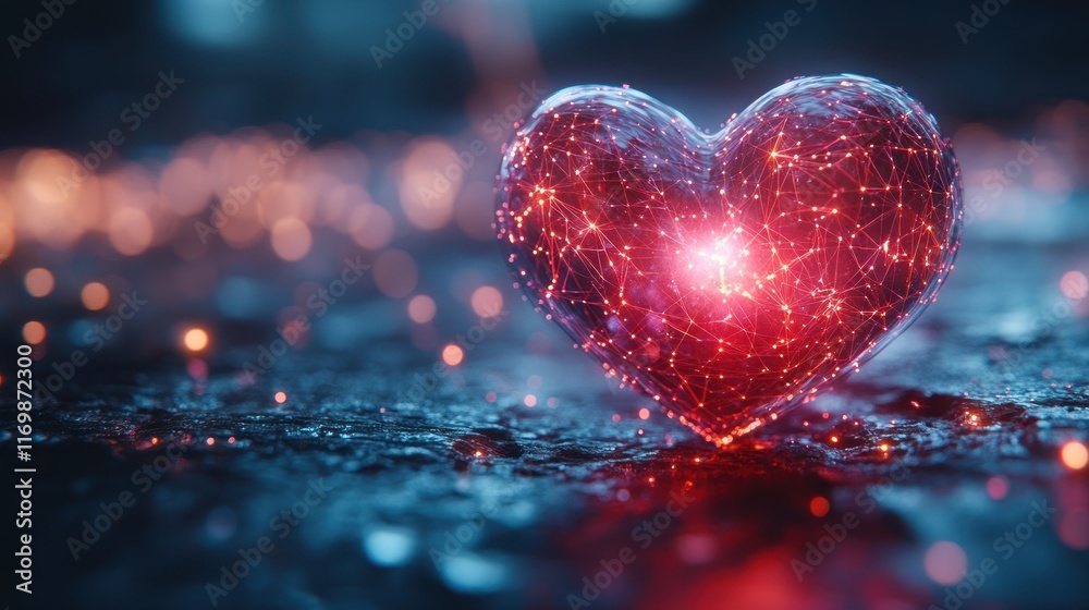 A glowing heart made of interconnected particles. A glowing heart made of interconnected particles.