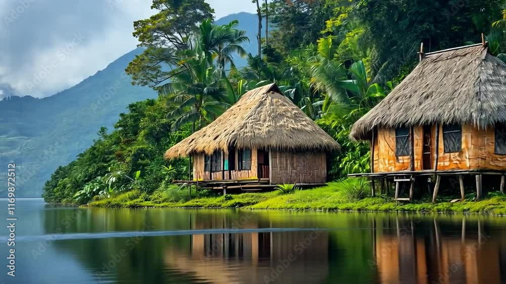 This Traditional huts reflect in the calm river as lush greenery surrounds the tranquil scene at dusk. This Traditional huts reflect in the calm river as lush greenery surrounds the tranquil scene at dusk.