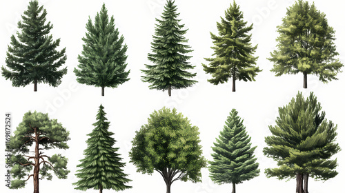 A variety of coniferous trees on a transparent background. Evergreen. Illustration
