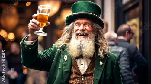 Video portrait of a 60-year-old man with a beard and long gray hair celebrating St. Patrick's Day in a bar with a glass of beer in his hand.	Slow motion. 4k, animation, hd resolution. Movement.
