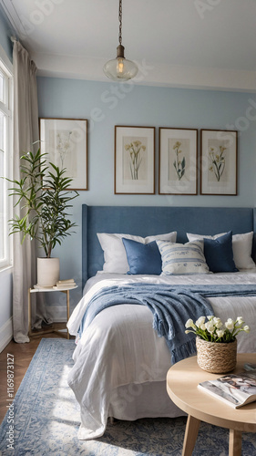 Serene pastel blue bedroom with bed blanket pillow large windows plush rug and sophisticated high end interior design elements