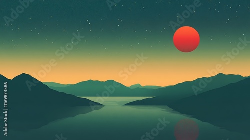 Serene Night Landscape with Mountains and Red Moon