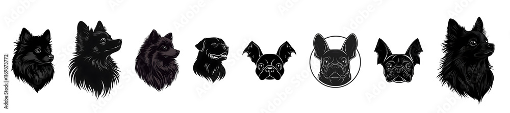 Obraz premium Stylized black silhouettes of various dog breeds in a side profile view.